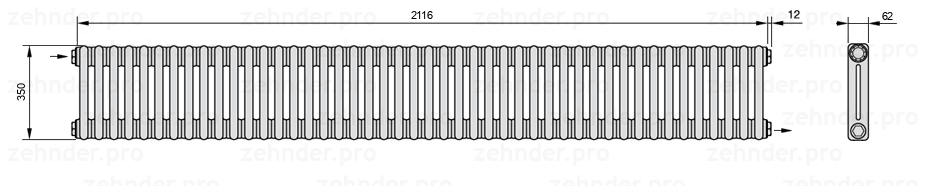 Схема (чертеж) Радиатор Zehnder Charleston 2035/46 №1670 Белый глянцевый RAL 9016